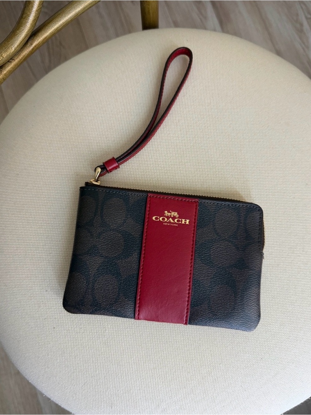 Coach Brown Signature Canvas Wristlet with Burgundy Stripe
